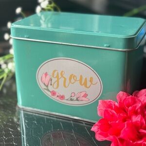Teal Metal Storage Tin with Floral Design